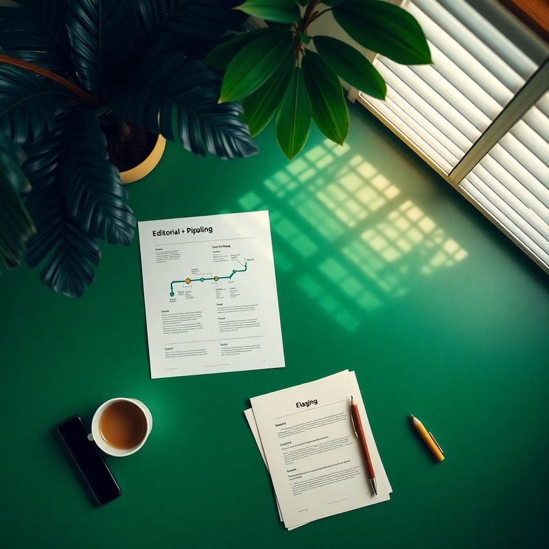 Mesa de trabalho em verde-floresta com diagrama de pipeline editorial impresso