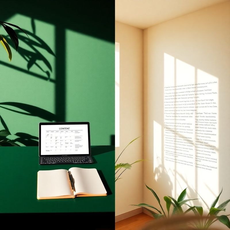 Espaço editorial em verde-floresta e creme com calendário de conteúdo aberto no laptop