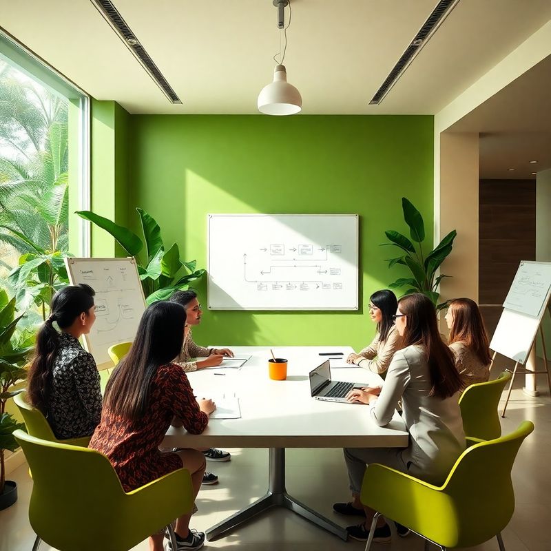 Equipe editorial em reunião num escritório verde-floresta com fluxogramas no quadro branco