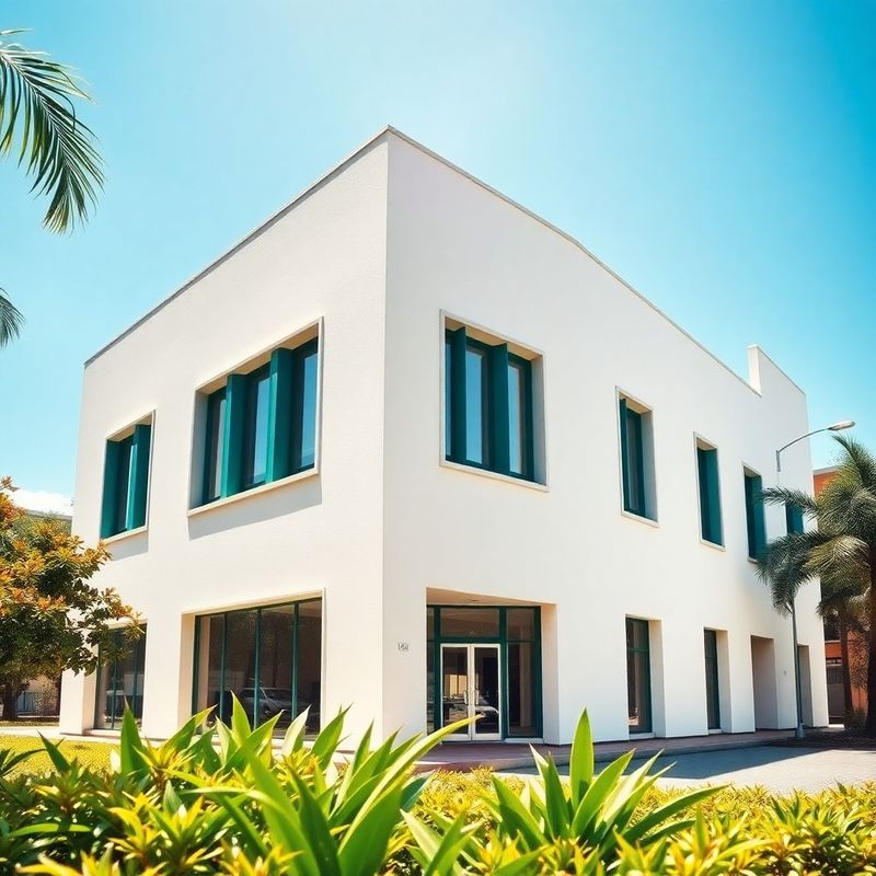 Fachada modernista creme com janelas verde-floresta em Fortaleza